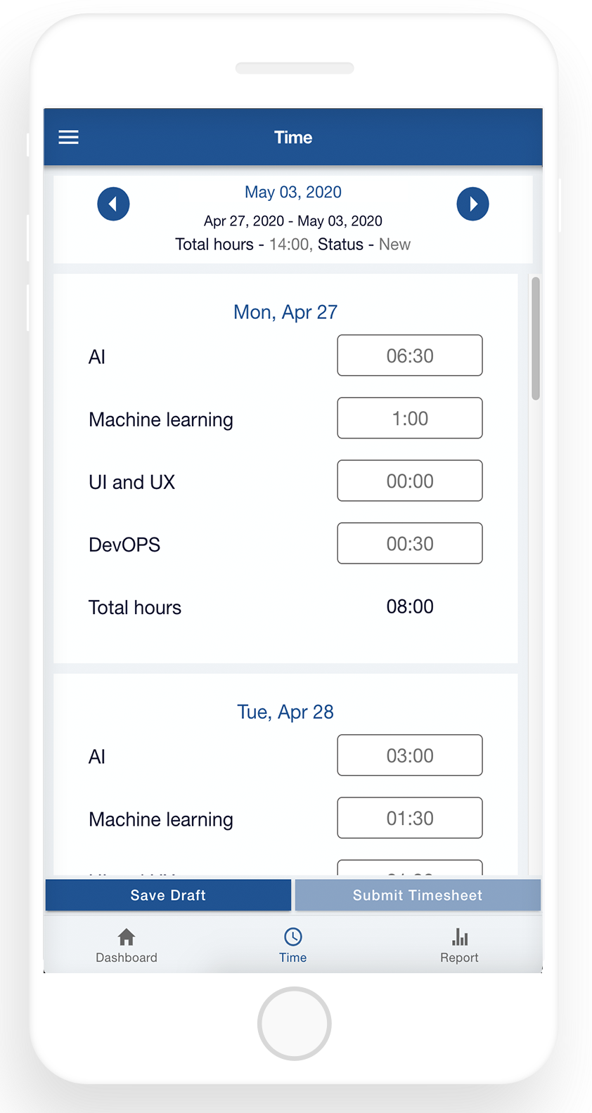 Mobile showing time entry screen of Mobile MyTimesheet app