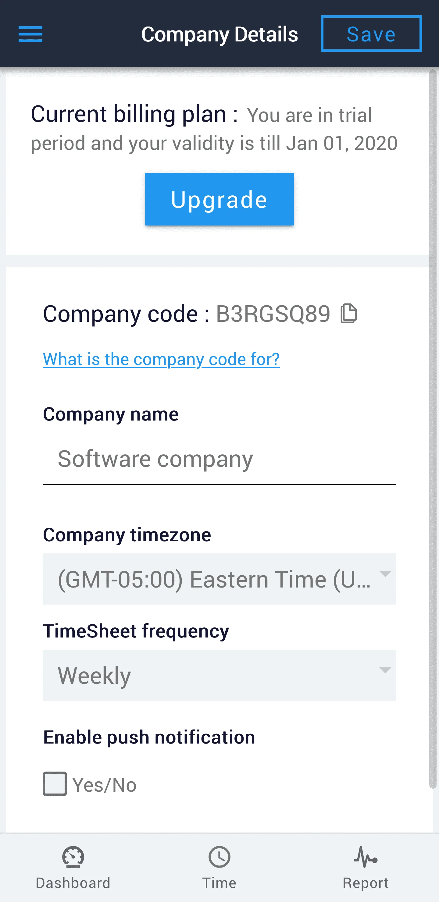 Company details screen that has upgarde button