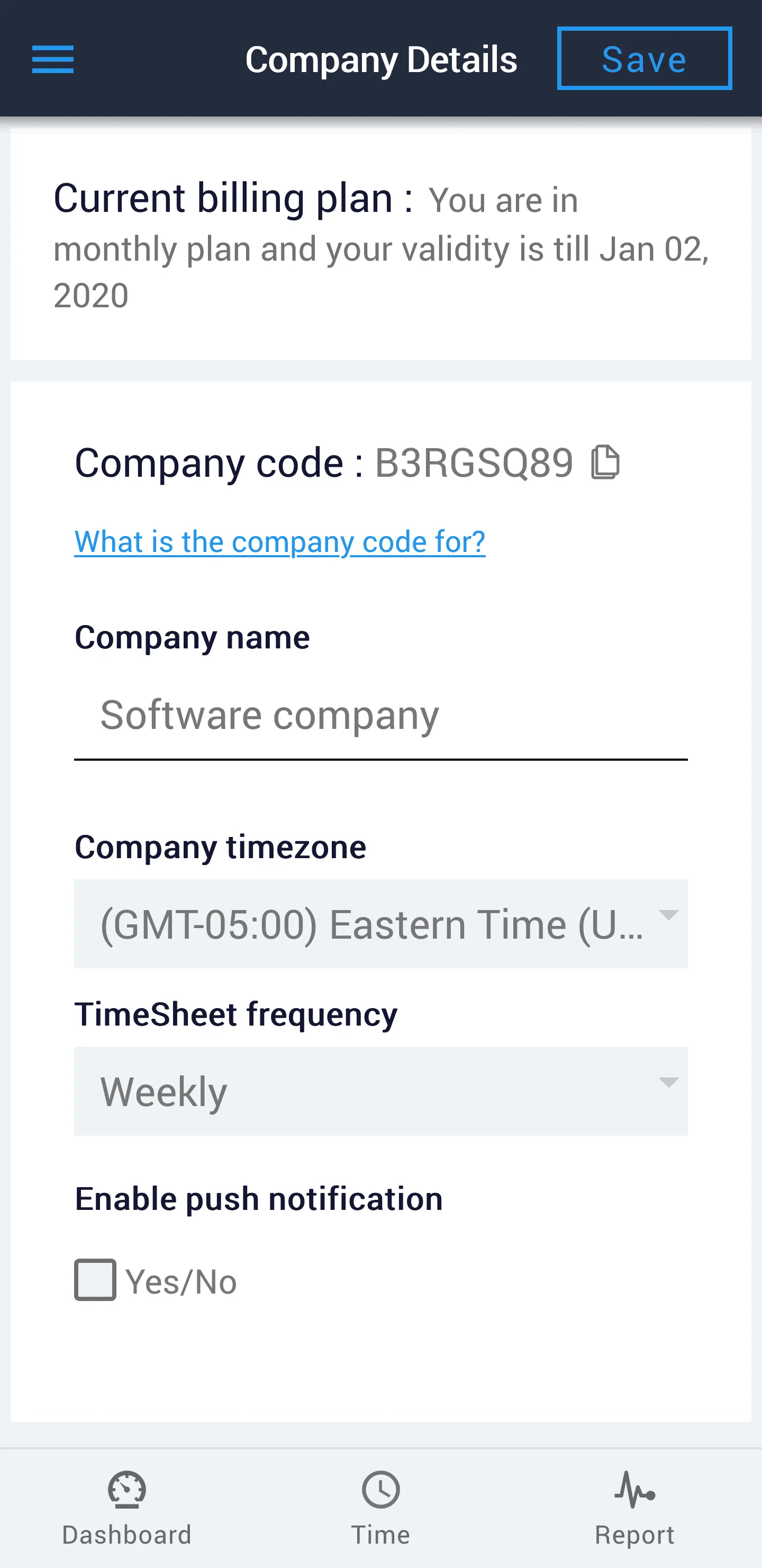 Company details screen with current billing plan