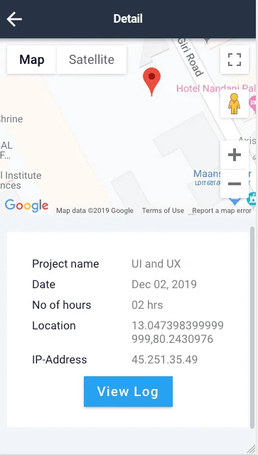 Timesheet details with location in the map