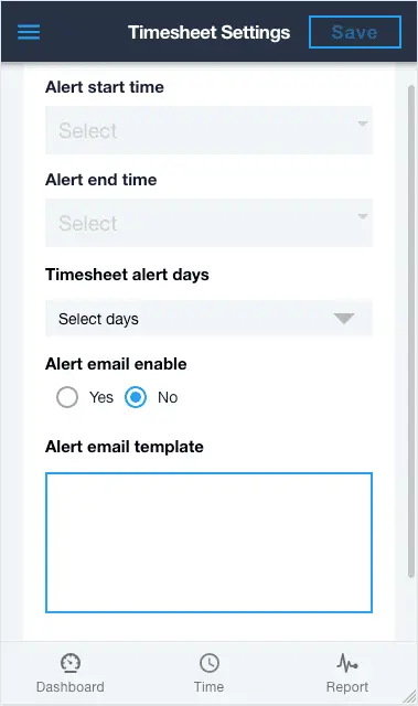 Timesheet alert setting screen