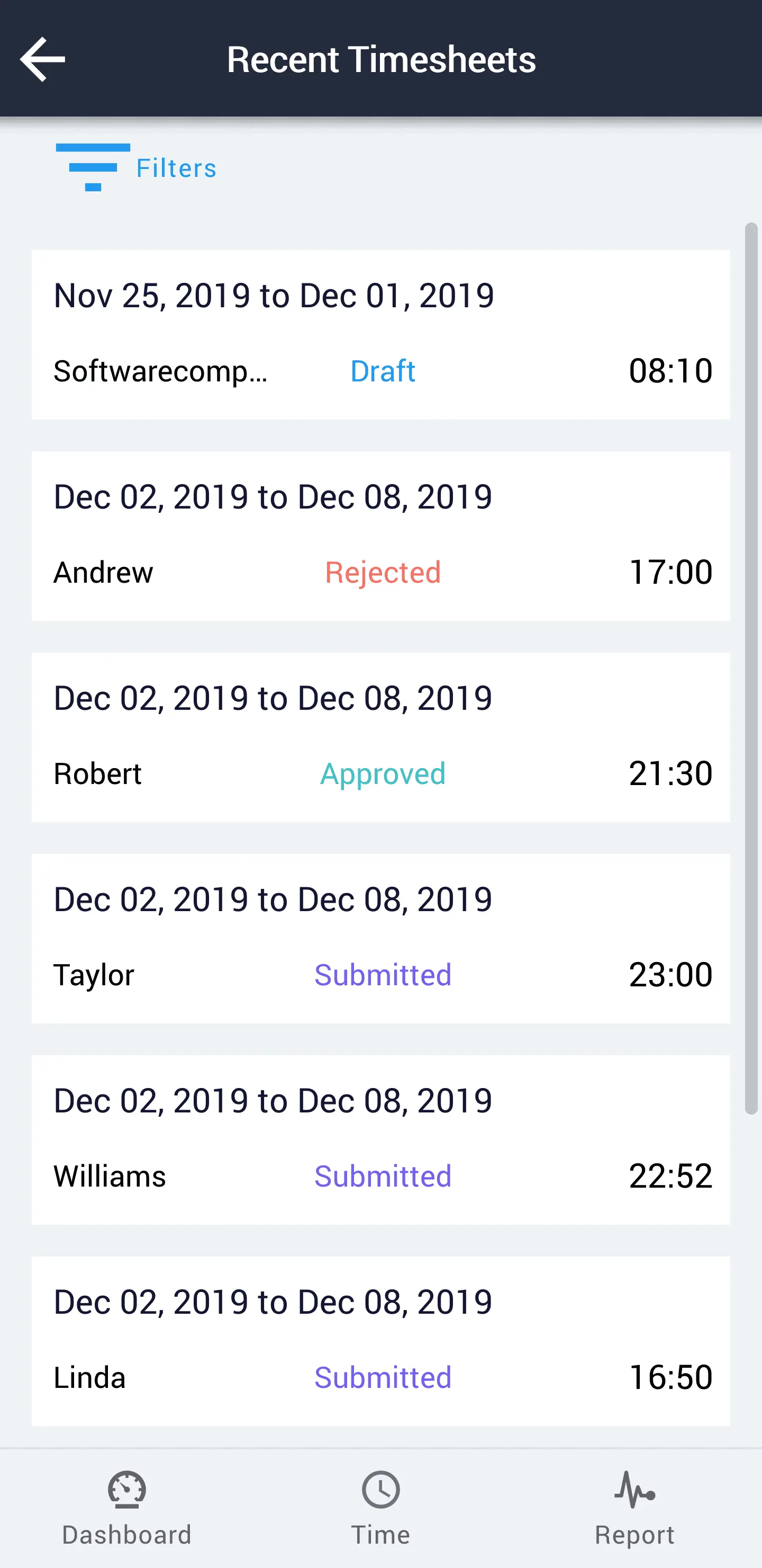 Mobile view of list of recent timesheets